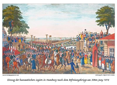 De Hanseatische Legioon treckt in't befreite Hamborg in